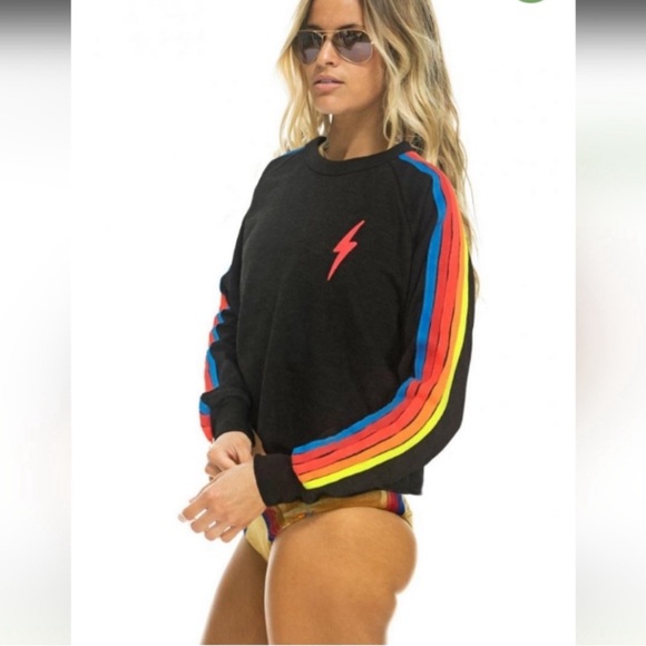 Aviator Nation Black Sweatshirt with Rainbow Stripes